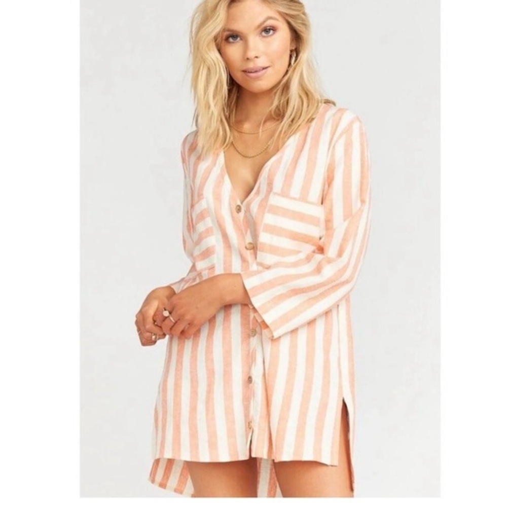 Show Me Your Mumu The Dahli Striped Linen Blend Tunic Coral Cream Button Front L